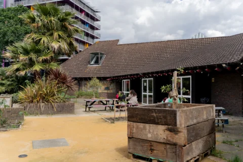 A photo of the Albany garden. A large palm tree is in the centre of the space, with people sat on picnic benches around it. In the foreground of the image is a large wooden planter with a young tree growing in it. At the back of the image is the side of the Albany building - a squat brick building with a tiled roof.