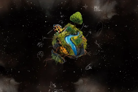An illustration of a tiny planet in the centre of a dark, starry sky. The planet is green and luscious with a blue river running through it and white satellites orbiting around it. At the top of a person wearing a cape and carrying a wooden stick kneels with their face down.