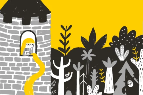 An illustration with a yellow background and black and white drawings. Rapunzel leans out of a pointy turret, with her yellow hair cascading downwards. The turret is surrounded by black, white and grey trees.