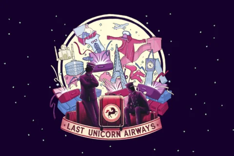 An illustration of two travellers sat on a pile of suitcases, with the Eiffel tower, Great Wall of China, Colosseum, planes and stars behind them. Underneath is a banner reading 'Last Unicorn Airways'.