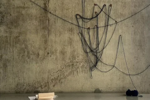 A photo of an artwork. Some black string is hung up on a grey concrete wall and there are papers spread out on the floor.