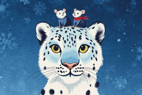 An illustration of two mice sat on a snow leopard's head. One of the mice is wearing a red scarf. The background is blue with white snowflakes.