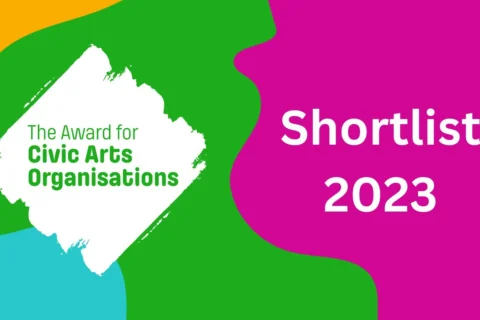 This logo features text on the left that states the Awards for Civic Arts Organisations. And on the right that states Shortlist 2023