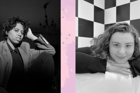 Two black-and-white portraits side by side. Left: Person with short curly hair in a blazer, sitting thoughtfully with their half behind their head and their knee up. Right: Person with curly hair smiling, chin resting on hands against a checkered wall.