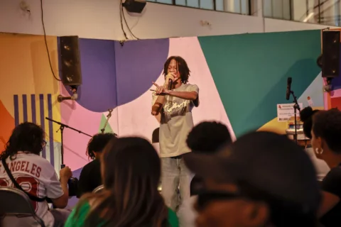 A person with a mic is singing in front of a crowd of people watching