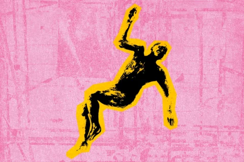 figure displayed on the ground, pink background, yellow outline