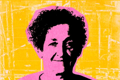 A headshot of a smiling woman, treated in pink with a yellow background