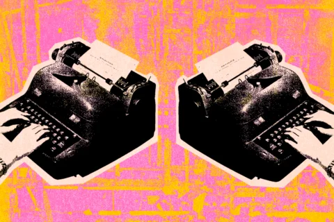 Two typewriters, against a pink and yellow background