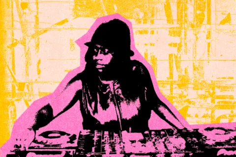 A person DJing, pink treatment on a yellow background