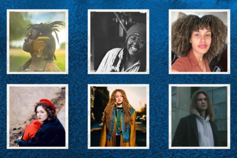 Six photos of artists in square boxes against a white background.