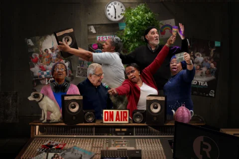 A collage of photos of Meet Me members - men and women over 65 - in a radio studio. There is a big red button saying 'On Air' in the centre.