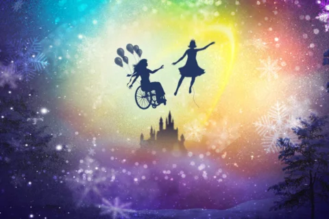 Silhouettes of a girl in a wheelchair holding balloons and another girl flying, set against a vibrant, magical rainbow night sky with a castle, snowflakes, and trees.