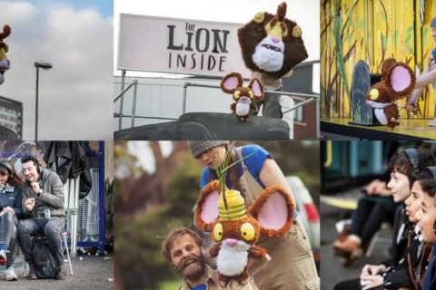 Collage of a theatrical puppet show called "The Lion Inside." Features performers with a large-eared mouse puppet and audiences of children wearing headphones that appear engaged and amused.