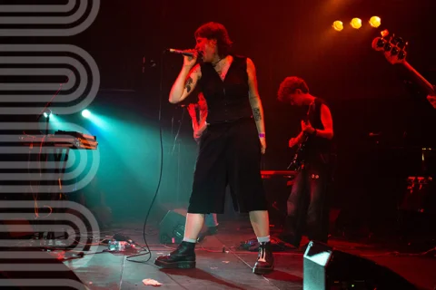 person on stage singing into a microphone