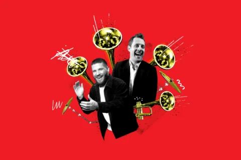 A graphic collage with black and white photos of two white men, surrounded by gold trumpets and drums. The image is on a red background.