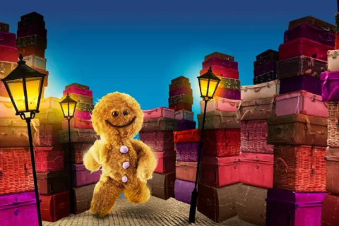 a fluffy cartoon gingerbread man on the streets