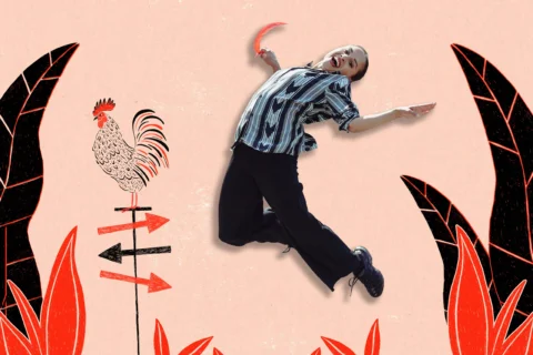 Person jumping on animated background