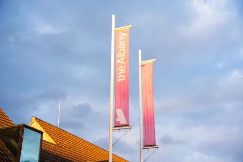 A photo of the pink flags above the Albany entrance, on a cloudy evening.