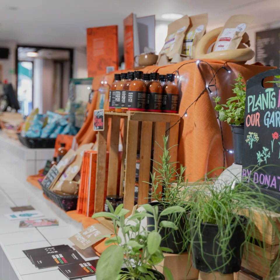 A photo of the counter in the Albany cafe. It has white tiles with snacks, chutneys and pots of herbs displayed on it. A small black board has 'Plants from the garden by donation' written on it in coloured chalk.