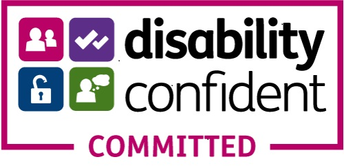 A pink and white logo with four icons - of two people, two ticks, an open padlock and a person with a speech bubble - and the text 'disability confident, committed'.