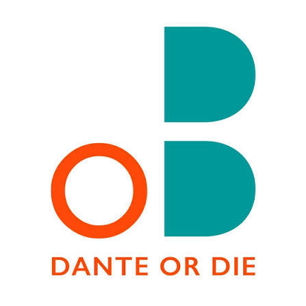 A blue and white logo for theatre company Dante or Die